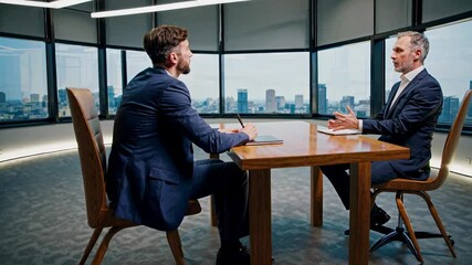 Aufkleber - Professional interview taking place in a modern office with a city skyline backdrop
