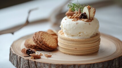 Canvas Print - Luxury Almond Ice Cream Stack with Crispy Sable Cookies on Rustic Wooden Platter and Garnish