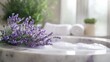 © Seyyar - Elegant Marble Bathtub with Lavender Flowers and Bubbles in Serene Bathroom Setting