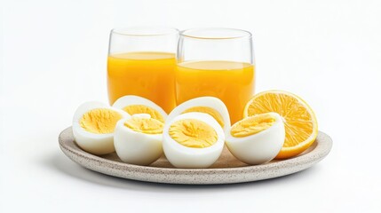 Wall Mural - Healthy light breakfast featuring boiled eggs and fresh orange juice on a minimalist plate against a clean white background