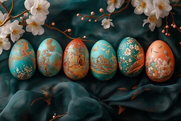 Wall Mural - Colorful painted eggs beautifully arranged among delicate blossoms, a perfect representation of Easter joy and creativity in festive decorations.