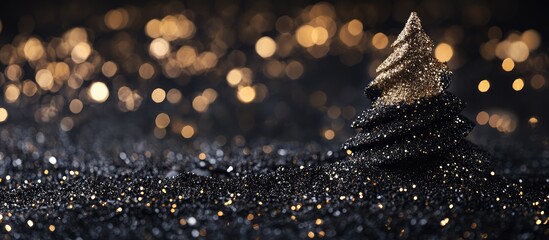 Wall Mural - elegant black and gold glitter christmas tree decoration on dark twilight bokeh background for holid