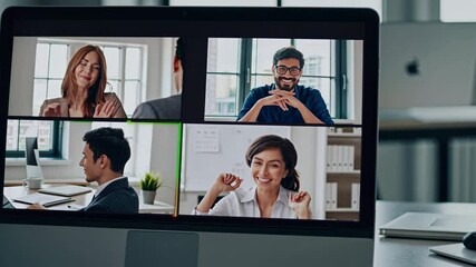 Poster - Team members engage in a lively discussion during a virtual meeting about project updates and collaboration strategies