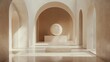 © Seyyar - Neutral-toned interior design featuring dome mockup frame with minimalist decor and abstract sphere in bright, airy architecture.
