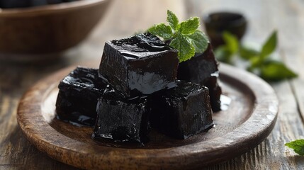 Canvas Print - Licorice flavored black jelly dessert served on a wooden plate garnished with fresh mint leaves in a rustic setting