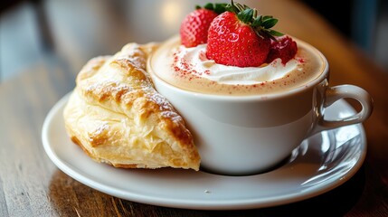 Canvas Print - Delicious large cappuccino topped with fresh strawberries and whipped cream served alongside a flaky golden strawberry puff pastry on a rustic wooden table.