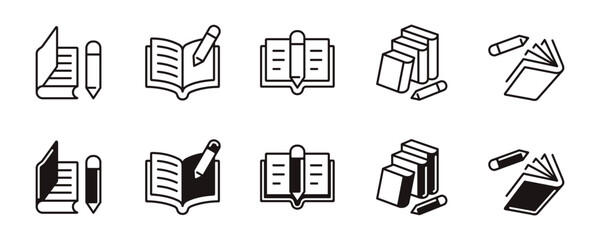 Aufkleber - open book and pencil icon line set education study writing task learning school literature signs vector outline illustration