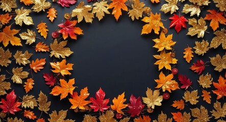 Canvas Print - Glitter autumn leaves in shades of gold orange and red forming a circle