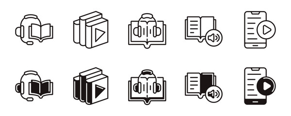Poster - audio book icon line set education listening study online book learning media vector podcast music library signs outline illustration