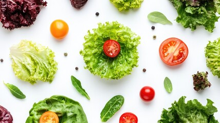 Wall Mural - Fresh assorted lettuce leaves and vegetables arranged creatively on a clean white background for healthy food concepts and salads.