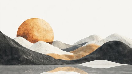 Wall Mural - serene minimalist landscape with earth tone mountains and a golden sun above calm water reflecting s
