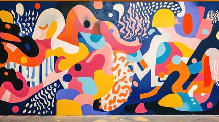 Wall Mural - vibrant multicolored abstract graffiti mural on a blue wall with organic shapes and fluid patterns, 