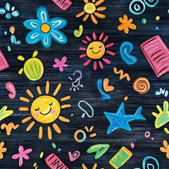 Wall Mural - Seamless Pattern - Cheerful hand-drawn sun and flower pattern