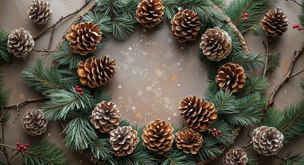 Wall Mural - Glitter pinecones and branches forming a rustic circular winter frame