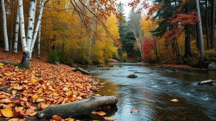 Wall Mural - autumn leaves on riverbank between birch and pine trees, leaf, decay, river