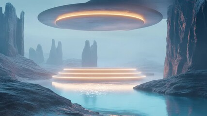 Wall Mural - Illuminated Platform Beneath a Futuristic UFO in a Misty, Rocky Landscape