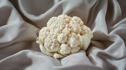 Wall Mural - Elegant white cauliflower head resting on luxurious grey satin fabric, showcasing minimalist design and organic textures in a refined culinary composition.