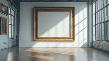 Wall Mural - Large ornate empty bronze picture frame casting shadows on a sunlit gallery wall with wooden flooring and natural light streaming through windows