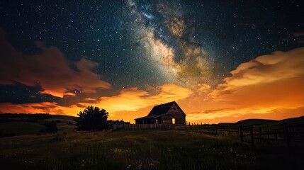 Wall Mural - stunning milky way over house on highland with vibrant orange clouds and star-filled night sky creat
