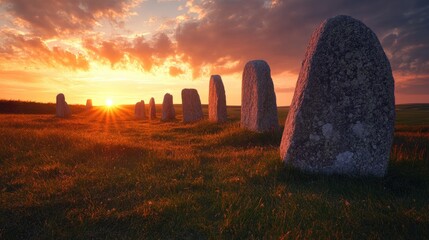 Wall Mural - megalithic stone circle illuminated by vibrant sunset hues creating a mystical atmosphere on an expa