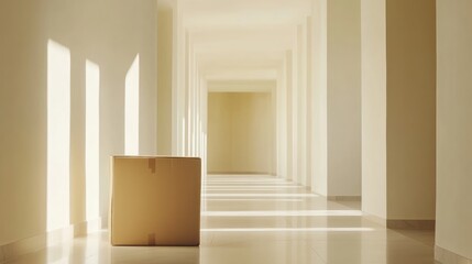 Wall Mural - Large cardboard box positioned in a softly lit minimalistic hallway with cream-colored walls and smooth reflective flooring, ideal for text placement.