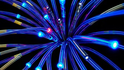 Poster - Colorful fiber optic cables with glowing lights in dark background, futuristic technology and communication concept