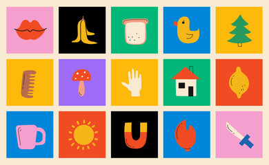 brutalist abstract square cards with geometric shapes and grids. brutal contemporary figure star ova
