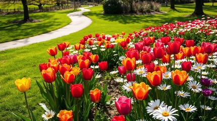 Vibrant tulips and daisies with lively mood blooming in park against green background with pathway