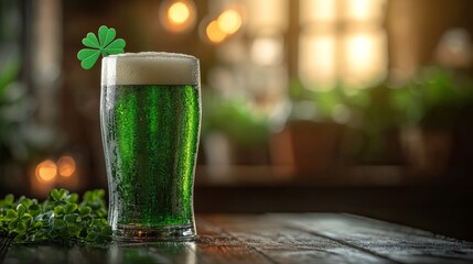 Wall Mural - Celebratory green beverage with shamrocks in a cozy pub setting during a festive occasion