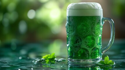 Poster - Green beer served in a glass mug surrounded by decorative shamrocks in a festive setting