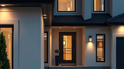 Sticker - Modern House Exterior at Night: A Luxurious Contemporary Home Design