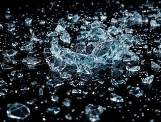 Fototapete - a close-up of shattered glass on a dark, reflective surface. The pieces of glass are scattered in various sizes and orientations, with some appearing to be in motion. The contrast between the dark bac