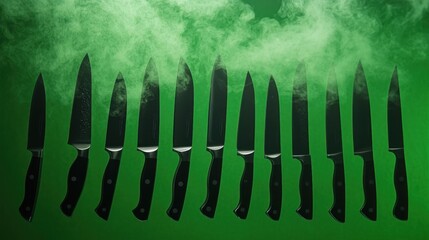 A lineup of sharp black handled knives against a smoky green background creates a dramatic presentation