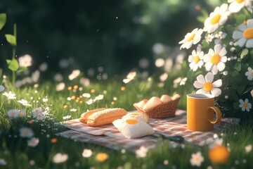 Wall Mural - A pixel art yard with vibrant green grass, small animated flowers swaying in the wind, and a colorful picnic setup in one corner