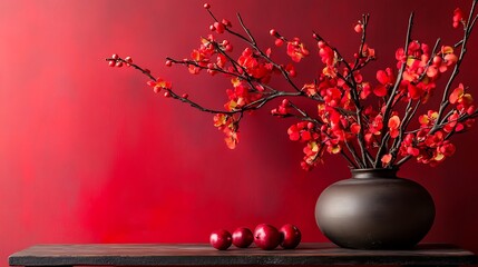 Canvas Print - Red flowers in dark vase on wooden table against red background.