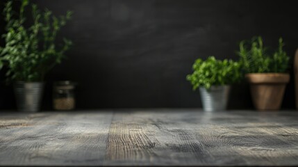 Wall Mural - gray wooden table in minimalist kitchen setting with greenery plants and dark background