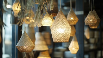 Canvas Print - Woven hanging light fixtures illuminating a cozy interior space with natural decor elements