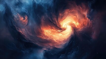 Wall Mural - vibrant abstract cosmic nebula with dark swirling smoke and fiery orange hues surrounded by deep blu