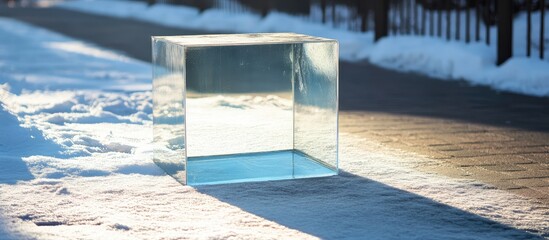Wall Mural - clear glass cube positioned on a snowy sidewalk in winter with sunlight casting shadows and ample co