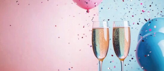 Wall Mural - Elegant Champagne Toast Surrounded by Colorful Confetti and Balloons in Soft Pink and Blue Tones with Empty Space for Custom Text