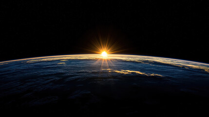 Wall Mural - blue sunrise as seen from space with earth's curvature glowing under the gentle sunlight rays