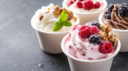 Canvas Print - Variety of Greek yogurt desserts with berries and granola in eco-friendly cups on a dark background