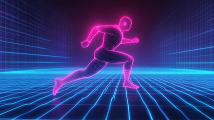 Wall Mural - futuristic neon figure running in digital landscape with grid