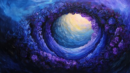 Wall Mural - abstract swirling tunnels in shades of blue and violet with warm yellow light at center creating a m