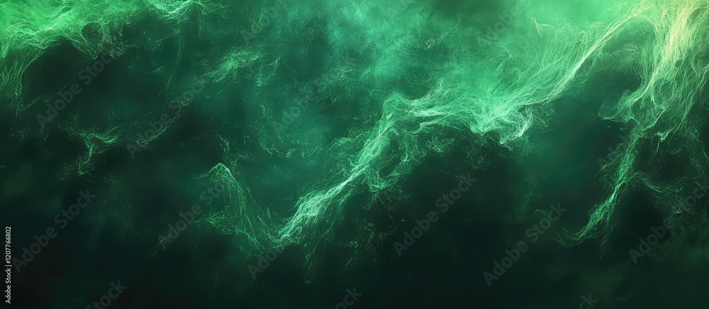 Intricate Geometric Green Glow Background with Swirling Shadowy Layers and Ethereal Aura Ideal for Text Overlay in a Vertical Format