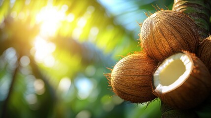 Sticker - Ripe coconuts on palm tree branch, sunny day.