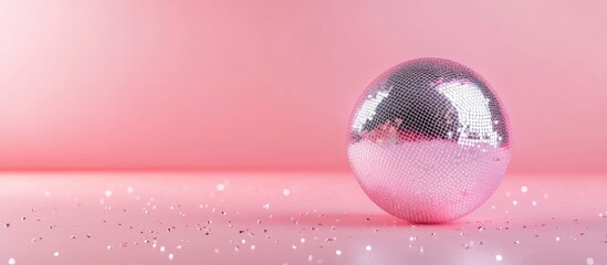 Wall Mural - glistening silver disco ball centered on a soft pink background with sparkling glitter detail and am