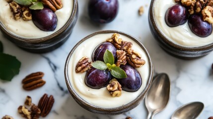 Canvas Print - Greek dessert featuring creamy layers with plums and pecans presented in rustic bowls on a marble surface.