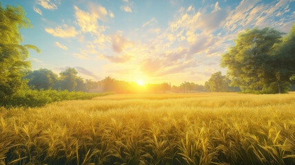 Wall Mural - beautiful field at sunrise with a crisp blue sky, perfect for a fresh start.