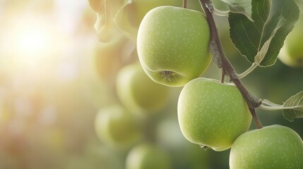 Sticker - Ripe green apples on branches in orchard at sunrise with soft sunlight illuminating the fresh fruit and leaves in a serene setting